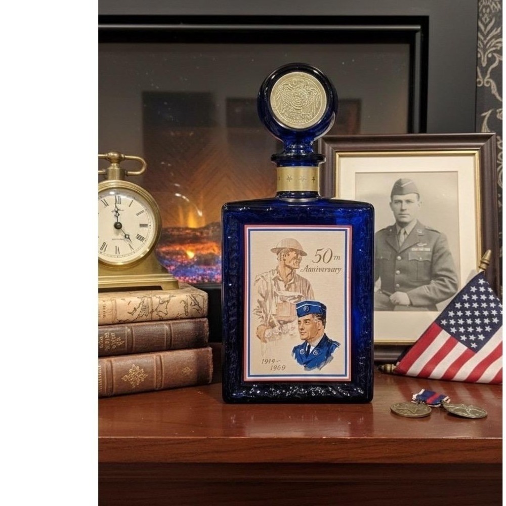 Vintage JW Dant American Legion 50th Anniversary Cobalt Blue Glass Decanter 1969